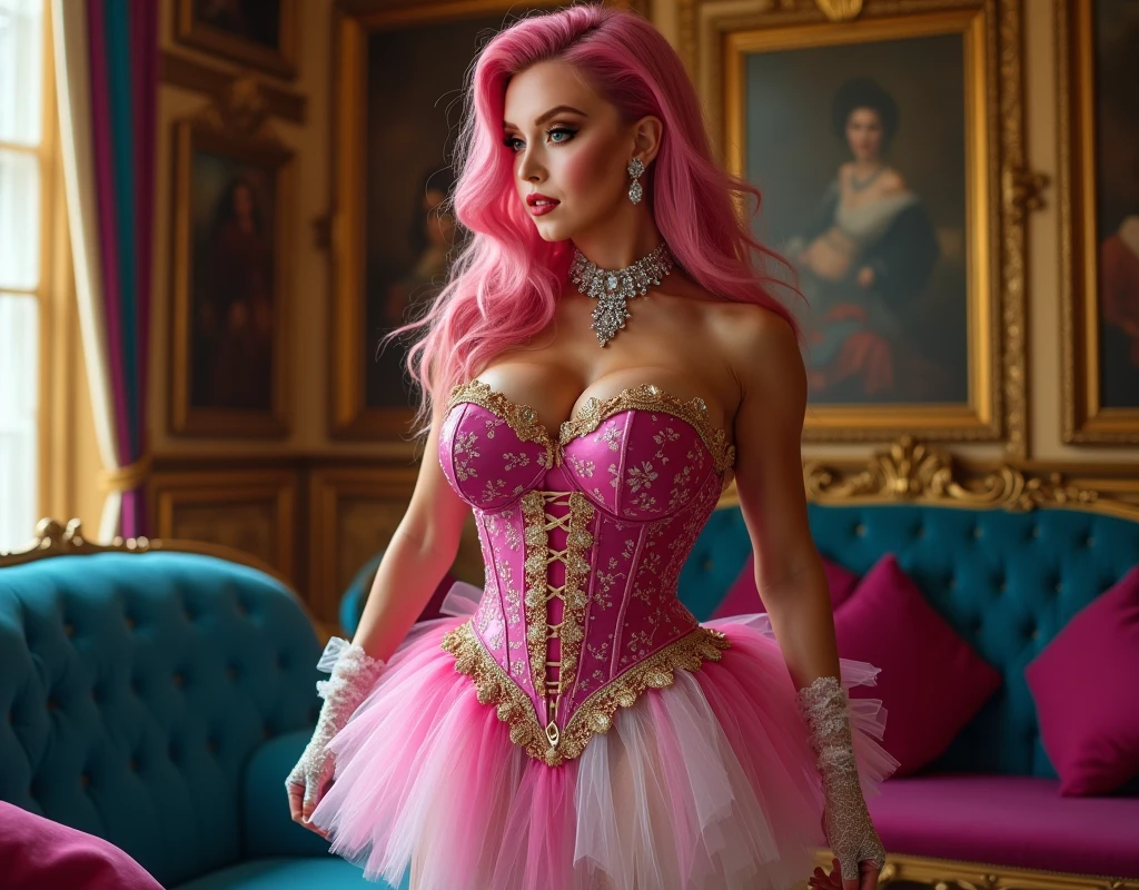 Masterpiece, best quality female, (French),(small breast), (very long curly pink volumetric hair:1.33), (white crinoline inside with red corset outside:1.33), (long red skirt:1.33), flat headband, (detailed beautiful hazel eyes:1.33), detailed blush smiling face, slim body, perfect anatomy, very cute, dynamic pose, showing some leg, perfect shading, dramatic lighting, rendered in 8K resolution for high-quality detail, trending on art station, concept art, smooth, sharp focus, in a saloon, highly detailed, soft natural volumetric, cinematic perfect light, intricate details