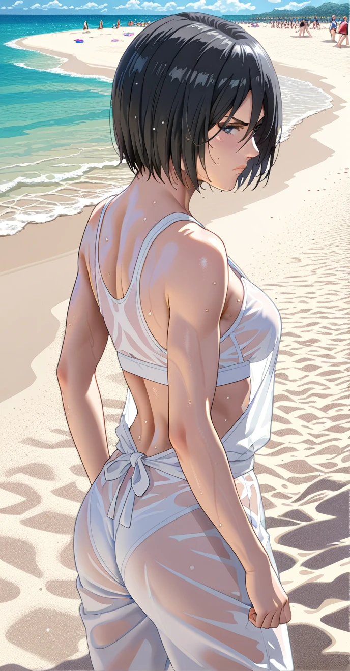 mikasa Ackerman, black hair, short hair,score_9, score_8_up, score_7_up, source_anime, masterpiece,best quality,medium breasts,see-through sumo uniform, serious, sensual woman, sumo pose, beach, day, sumo ring backgrounds, sweaty,from behind,cowboy shot,