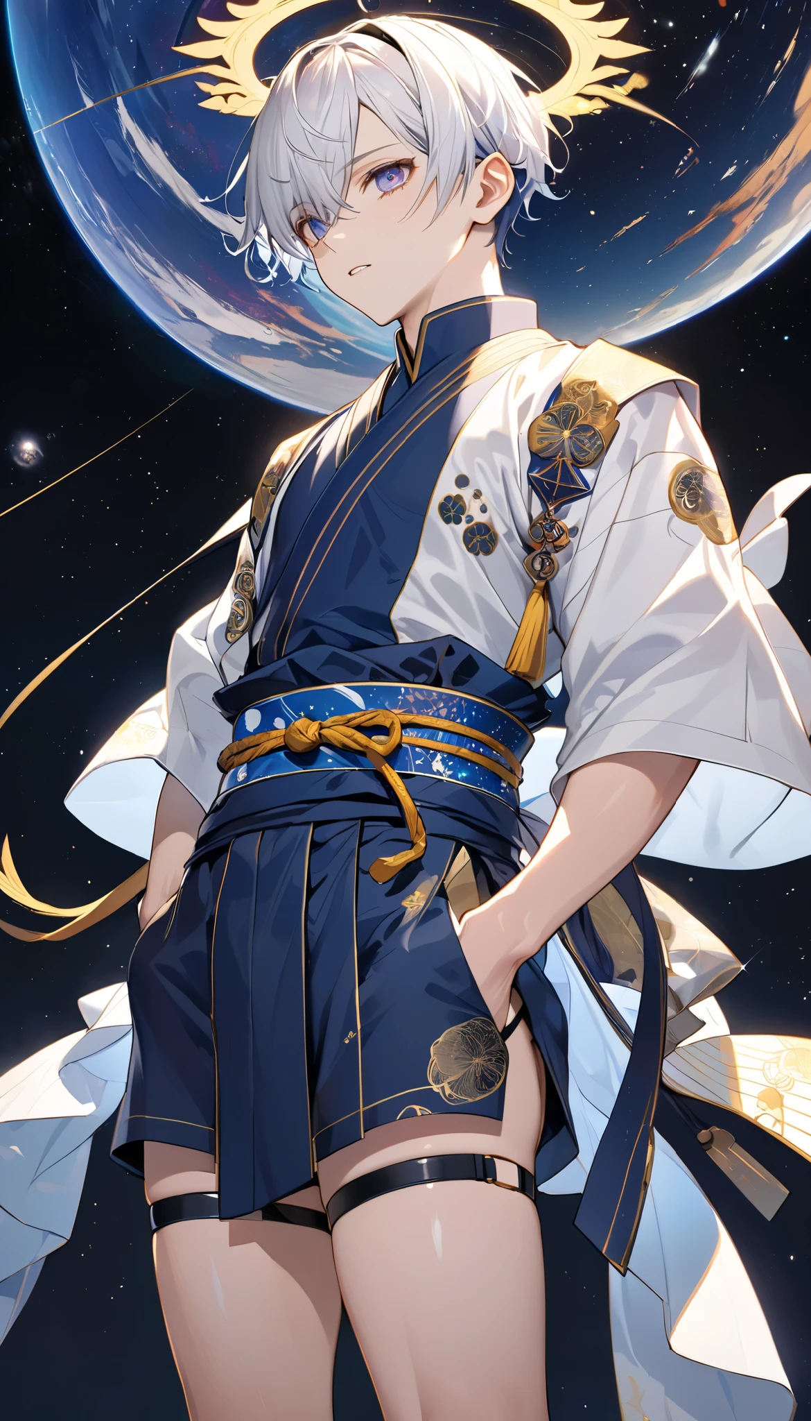 Fresh illustration,
Ultra-fine drawing,
Very delicate illustration,
Very fine details,
One boy,
Full body,
Standing motionless,
Both arms slightly bald,
Height 158cm,
Fair skin,
Right eye is purple,
Left eye is blue,
Odd eyes,
Heterochromie iris,
Beautiful eyes,
Large black pupils,
Short hair,
Blue roots and white hair elsewhere,
Hair with a gradient,
Shiny hair,
Cute face,
Pretty face,
A shining angel halo on the back of the head,
Raised eyebrows,
Upper body in kimono,
Upper body in traditional Japanese clothing,
Masculine build,
Six pack,
Very small breasts,
No breasts,
Lower body in Chinese dress,
Black obi,
Overall white clothes,
Tastefully embroidered with gold thread ,
Clothes with a high-quality texture,
Jock straps,
Thigh straps,
Thigh straps digging into the skin,
White long boots,
Japanese-style toes,
Number of fingers and toes: 5,
Thin waist,
Thin legs,
Isometric,
Golden ratio,
Divine atmosphere,
Wearing an indigo-colored stand-up collared inner,
Outer space,
Galaxy,
Countless small stars,
Tactical use of shadows,
Hairbands on head and hair do not extend beyond the frame,
Clothes do not extend beyond the frame,