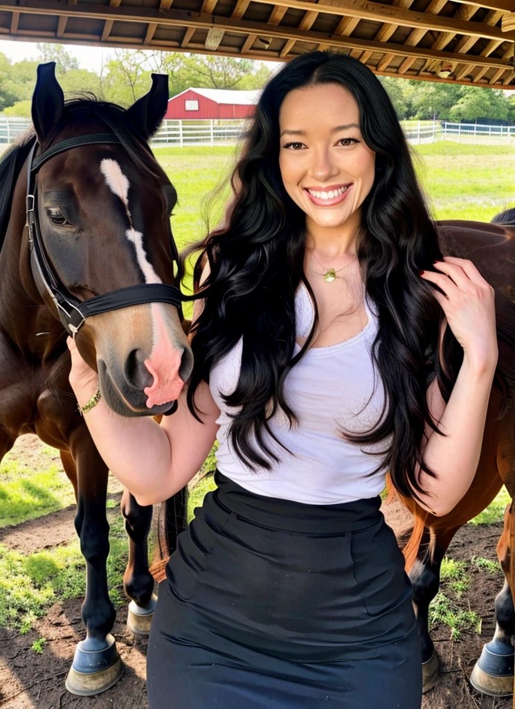   A woman with straight and long black hair,  smiling,  looking at the viewer, together with a huge horse penis  