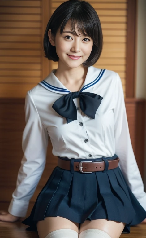 ((highest quality、8k、masterpiece:1.3)),((((fullbody shot)))),Ultra-high resolution,big eyes,Japanese,bangs,(a girl),(1 girl),(()),((cute)),pretty,((facing at viewer)),(long hair),(((black sailor uniform))),grin,((sitting on chair)),(pleated mini skirt),((from above)),(((panties)))