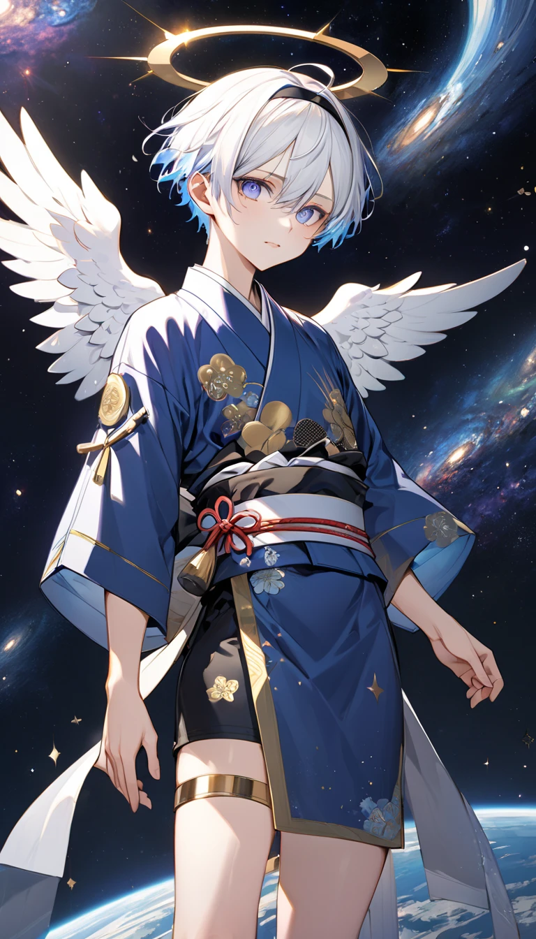 Fresh illustration,
Ultra-fine drawing,
Very delicate illustration,
Very fine details,
One boy,
Full body,
Standing motionless,
Both arms slightly bald,
Height 158cm,
Fair skin,
Right eye is purple,
Left eye is blue,
Odd eyes,
Heterochromie iris,
Beautiful eyes,
Large black pupils,
Short hair,
Blue roots and white hair elsewhere,
Hair with a gradient,
Shiny hair,
Cute face,
Pretty face,
A shining angel halo on the back of the head,
Raised eyebrows,
Upper body in kimono,
Upper body in traditional Japanese clothing,
Masculine build,
Six pack,
Very small breasts,
No breasts,
Lower body in Chinese dress,
Black obi,
Overall white clothes,
Tastefully embroidered with gold thread ,
Clothes with a high-quality texture,
Jock straps,
Thigh straps,
Thigh straps digging into the skin,
White long boots,
Japanese-style toes,
Number of fingers and toes: 5,
Thin waist,
Thin legs,
Isometric,
Golden ratio,
Divine atmosphere,
Wearing an indigo-colored stand-up collared inner,
Outer space,
Galaxy,
Countless small stars,
Tactical use of shadows,
Hairbands on head and hair do not extend beyond the frame,
Clothes do not extend beyond the frame,