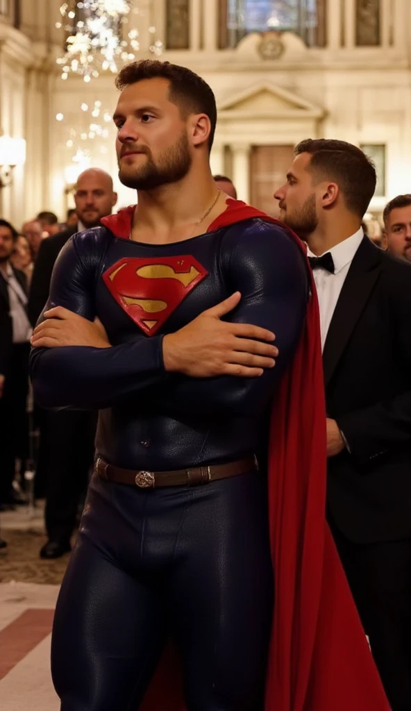 This is the wedding of Superman in St. Peter's Basilica. Superman ，Nick Bosa face, muscular. wearing long-sleeve superman costume (think movie version of Superman-black undercut, blue tights and red cape )upper body, arms crossed. background is St. Peter's Basilica packed with people celebrating Superman’s wedding. Now filled with fireworks to celebrate their wedding.

Lex Behind stands is bald man wearing black suits, touching Superman's chest with his hands. Lex kiss Superman.They kiss each other. Superman can't refuse passion kiss. Gay kiss,
