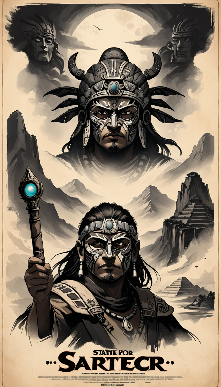 search poster  ,  simple sketch on parchment  ,  dark ink painting  ,  detailed facial features ,  sci-fi landscape, movie poster ,  cinematic ,  masterpiece fails,  scrolls against a background of huge Aztec masks ,  Mountain mask ,  dark sorcerer and , magic and dark 