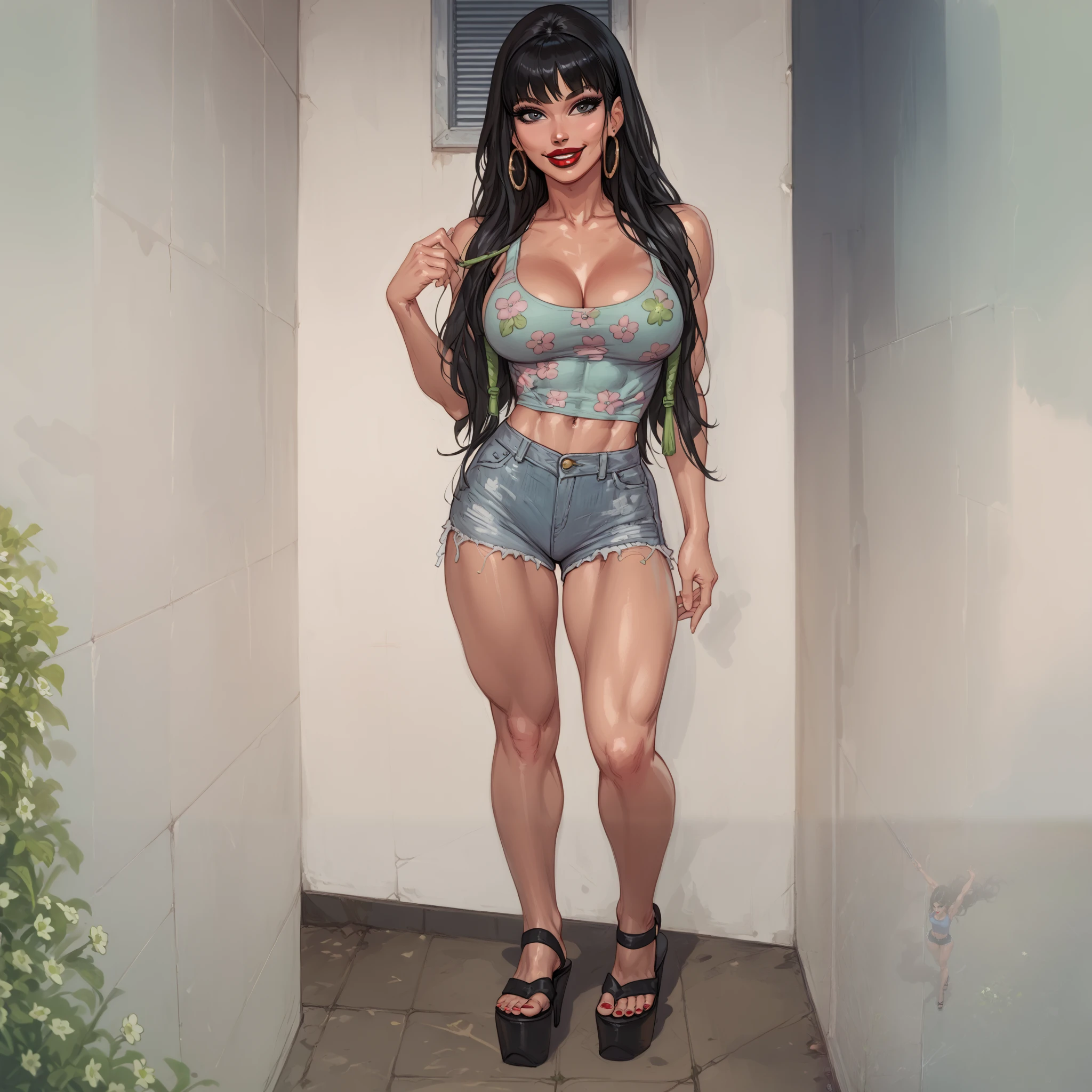 tWoman, straight hair, black hair, long hair, black eyes, red lips, view from above, top view, jean shorts, blue tank top with pink and green flowers, black sandals, standing, round tits, toned legs, sexy legs, beautiful legs, smile, line art,