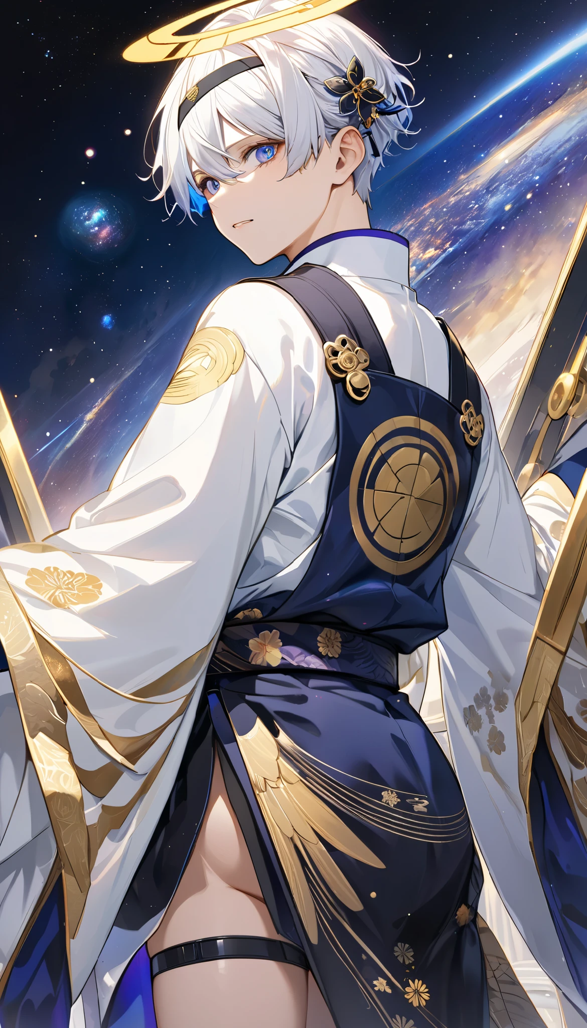 Fresh illustration,
Ultra-fine drawing,
Very delicate illustration,
Very fine details,
One boy,
Full body,
Standing motionless,
Both arms slightly bald,
Height 158cm,
Fair skin,
Right eye is purple,
Left eye is blue,
Odd eyes,
Heterochromie iris,
Beautiful eyes,
Large black pupils,
Short hair,
Blue roots and white hair elsewhere,
Hair with a gradient,
Shiny hair,
Cute face,
Pretty face,
A shining angel halo on the back of the head,
Raised eyebrows,
Upper body in kimono,
Upper body in traditional Japanese clothing,
Masculine build,
Six pack,
Very small breasts,
No breasts,
Lower body in Chinese dress,
Black obi,
Overall white clothes,
Tastefully embroidered with gold thread ,
Clothes with a high-quality texture,
Jock straps,
Thigh straps,
Thigh straps digging into the skin,
White long boots,
Japanese-style toes,
Number of fingers and toes: 5,
Thin waist,
Thin legs,
Isometric,
Golden ratio,
Divine atmosphere,
Wearing an indigo-colored stand-up collared inner,
Outer space,
Galaxy,
Countless small stars,
Tactical use of shadows,
Hairbands on head and hair do not extend beyond the frame,
Clothes do not extend beyond the frame,