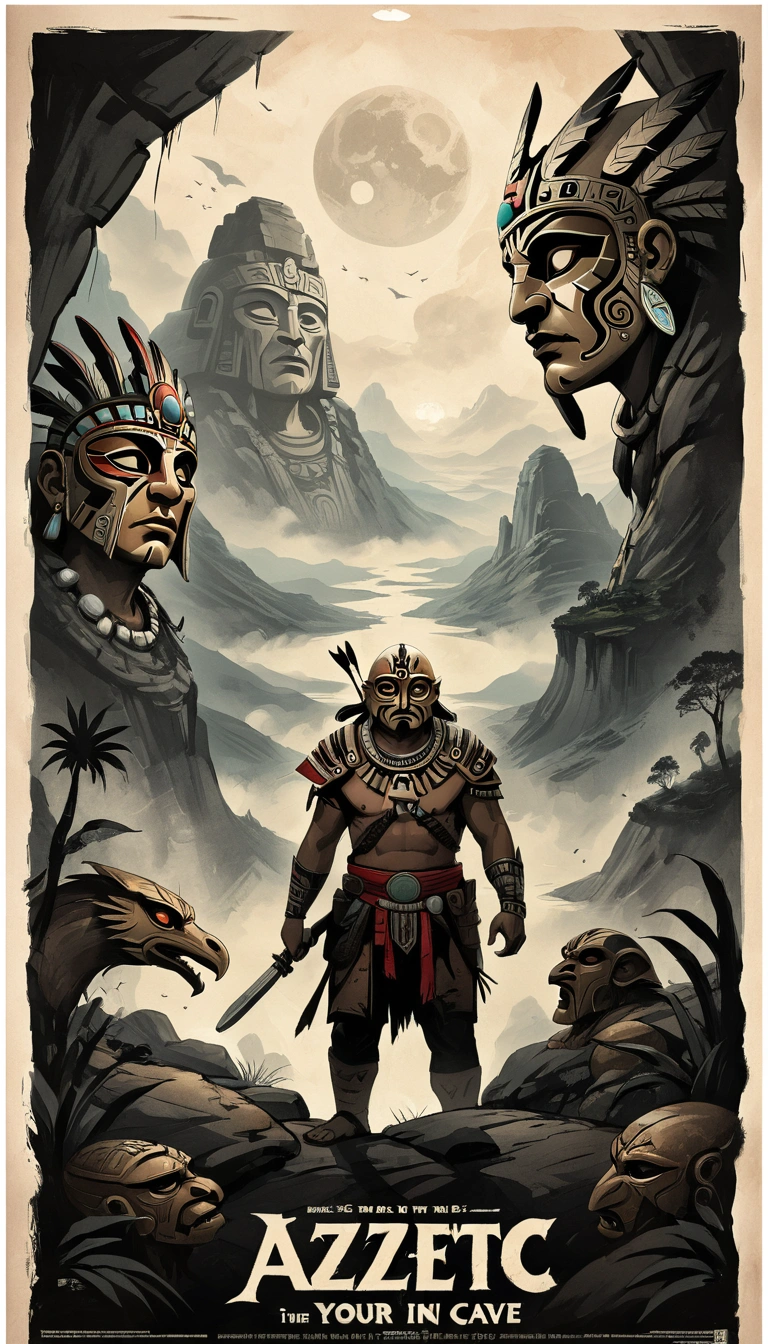 search poster  ,  simple sketch on parchment  ,  dark ink painting  ,  detailed facial features ,  sci-fi landscape, movie poster ,  cinematic ,  masterpiece fails,  huge Aztec masks in the mountains , entering the cave in your mouth 