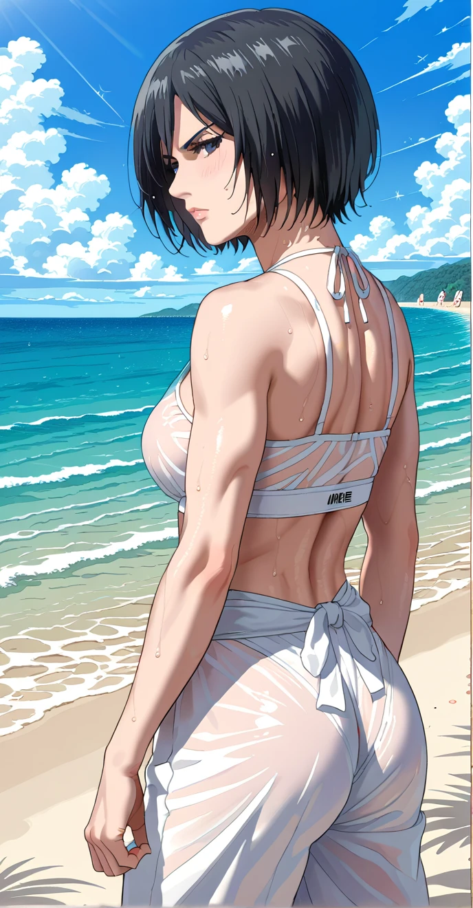 mikasa Ackerman, black hair, short hair,score_9, score_8_up, score_7_up, source_anime, masterpiece,best quality,medium breasts,see-through sumo uniform, serious, sensual woman, sumo pose, beach, day, sumo ring backgrounds, sweaty,from behind,cowboy shot,