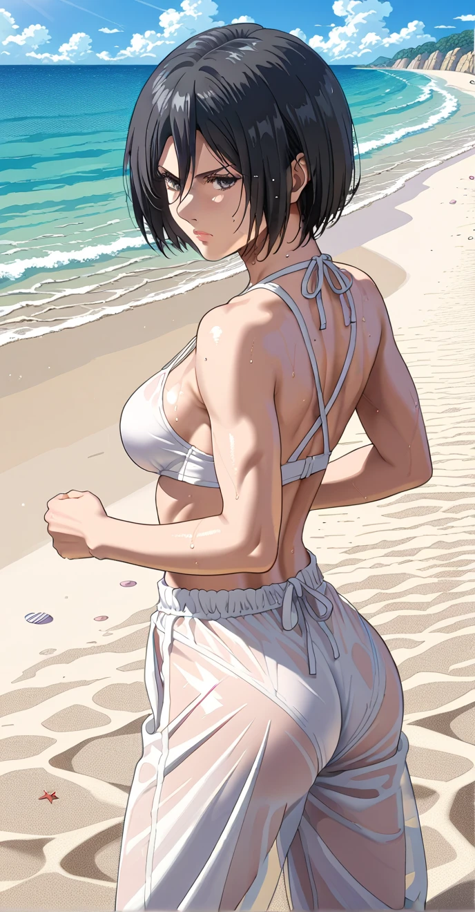 mikasa Ackerman, black hair, short hair,score_9, score_8_up, score_7_up, source_anime, masterpiece,best quality,medium breasts,see-through sumo uniform, serious, sensual woman, sumo pose, beach, day, sumo ring backgrounds, sweaty,from behind,cowboy shot,