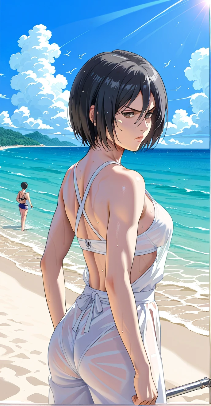 mikasa Ackerman, black hair, short hair,score_9, score_8_up, score_7_up, source_anime, masterpiece,best quality,medium breasts,see-through sumo uniform, serious, sensual woman, sumo pose, beach, day, sumo ring backgrounds, sweaty,from behind,cowboy shot,