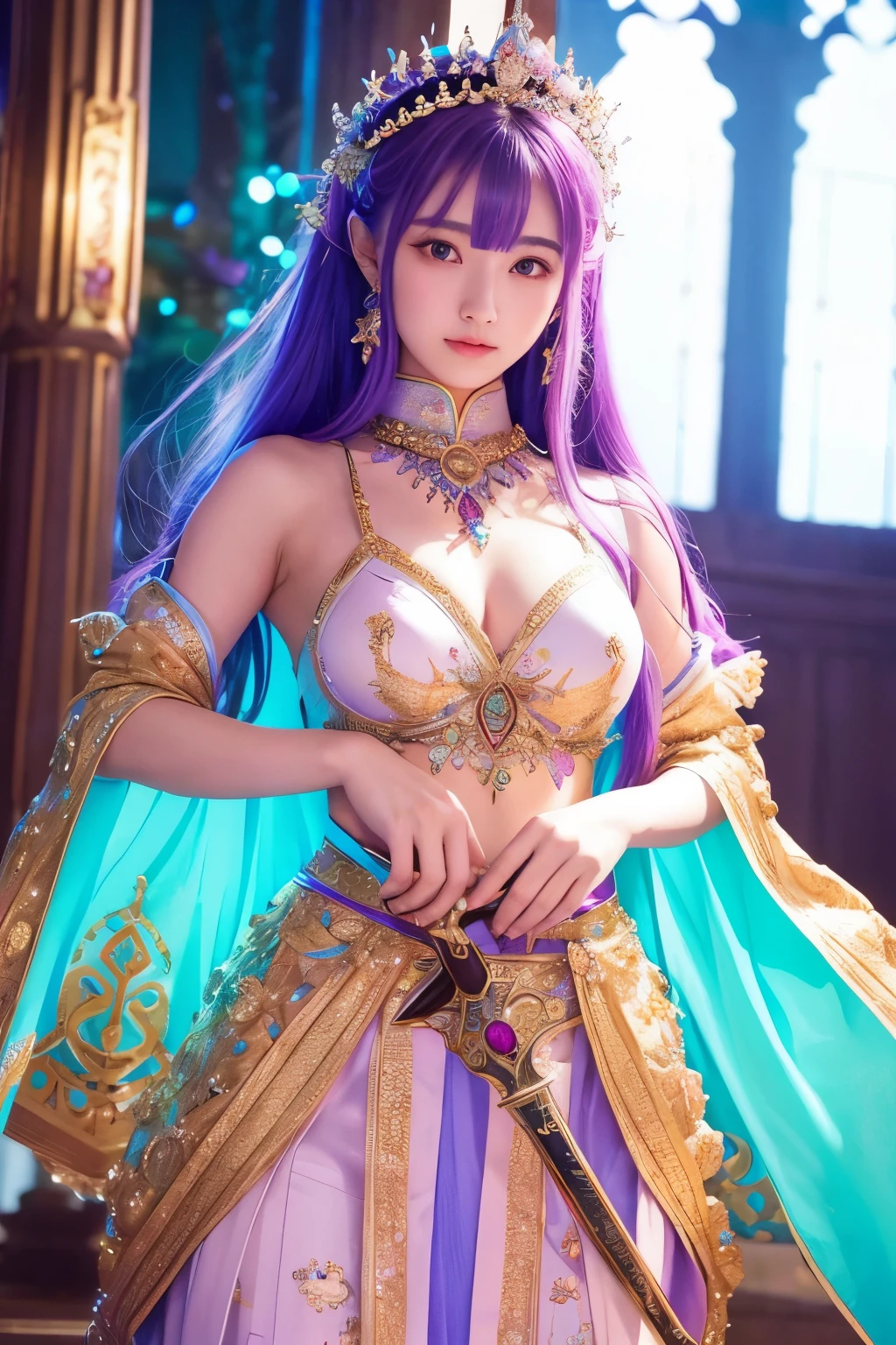 (((wide angle photography))), (full body), (((masterpiece))), studio light, studio photography, woman with purple hair wearing a tia, a beautiful fantasy empress, ((a beautiful fantasy empress)), fantasy art style, beautiful european princess with violet skin, 8k high quality detailed art, princess of amethyst, deviantart artstation cgscosiety, beautiful and elegant queen, epic fantasy art style hd, gorgeous digital art, beautiful fantasy art portrait