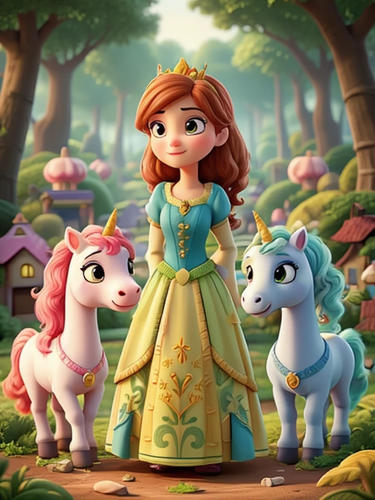 3d animation style,a Disney style movie poster. digital illustration of a movie poster titled text "3D Animation Style", With a forest background, a cute princess and a little house in the background too, And a bunch of totally random unicorns.