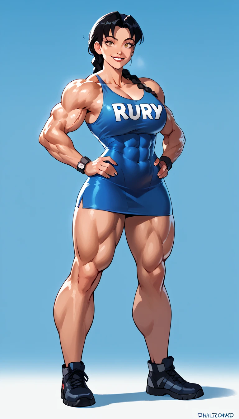 fullbody view, hypermuscular 19 yo ((russian)) woman, rich elitist girl, massive bulky (extremely muscular: 1.5), breathtakingly beautiful muscle woman, long thick braid, steel-hard hypermuscular body, haughty arrogant proud, muscular powerful bodybuilder physique, perfect flawless musculature, wearing glamorous minidress, muscular thick arms