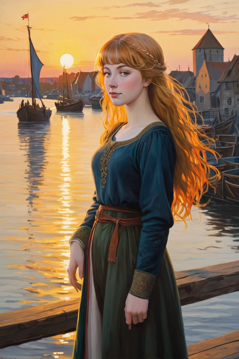 painting, Very thick , young woman, very bright, reddish-blonde hair, Brow fringes , medieval , simple clothing, Evening,  sunset , an einem medieval n Hafen