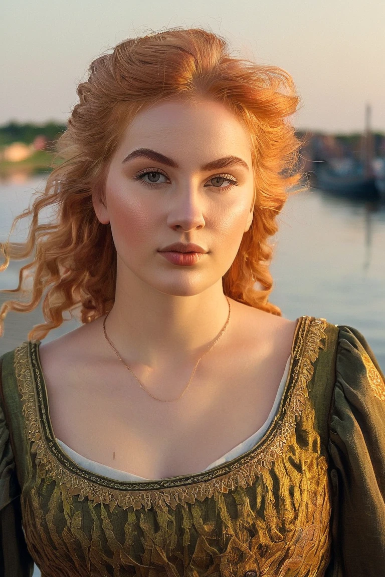 painting, young woman, chubby, curvaceous, very bright, reddish-blonde hair, Brow fringes , medieval , simple clothing, Evening,  sunset , an einem medieval n Hafen