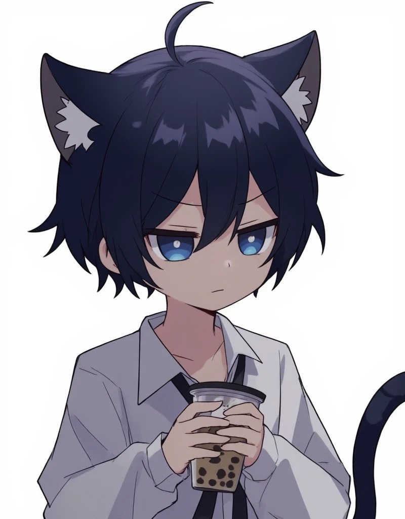 a navy haired boy with cat ears, deep blue eyes with sulking expression. 