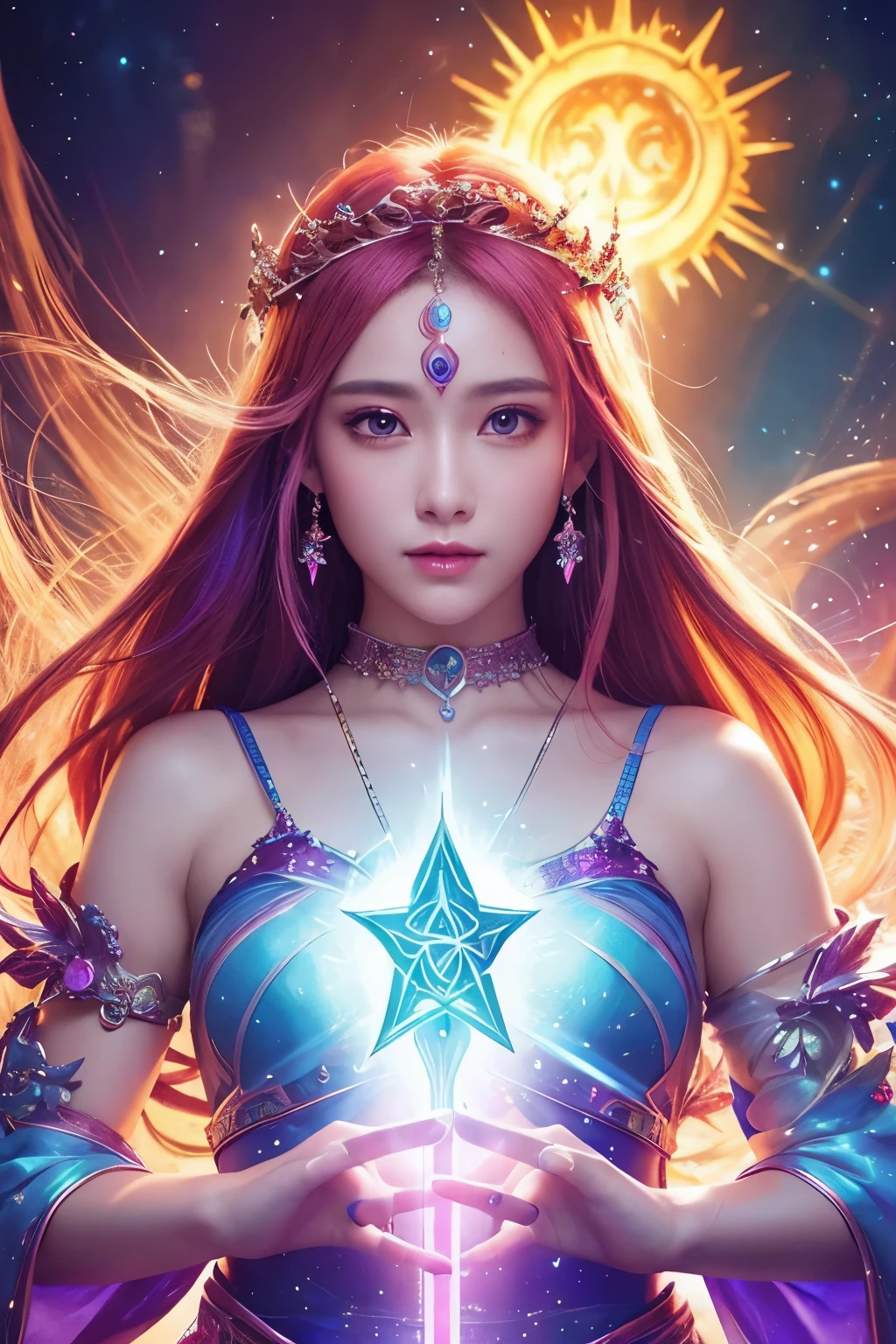 Create an image of Leona from League of Legends by Riot Games in her Star Guardian skin, dressed in a vibrant pink and purple outfit adorned with stars and light ribbons; she is casting her 'Solar Flare' ability, summoning a solar explosion upon her enemies, with a cosmic space background filled with stars and meteors
