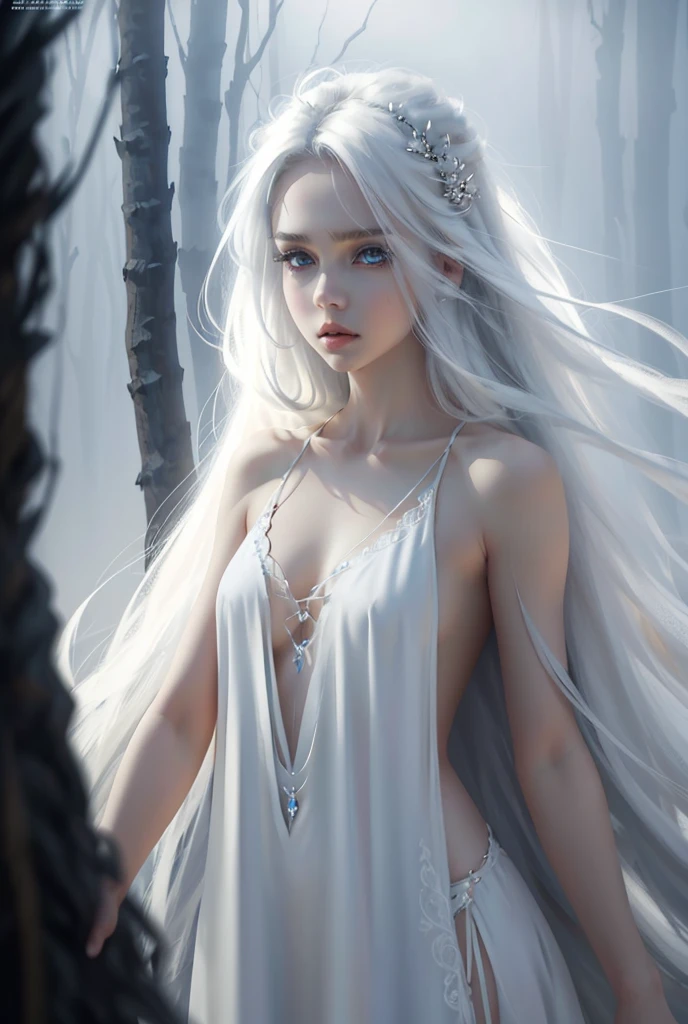 full body shot. a ultra real full body shot photo of 22 years old albino woman, green eyes. Long white hair, mysterious and innocent look, wet hair, blue limbs, Unbuttoned open coat, the background a ultra close up macro details, ultra contrast, of ultra dark decor. Intricate details of her beautiful eyes and perfect face. The most beautiful girl.