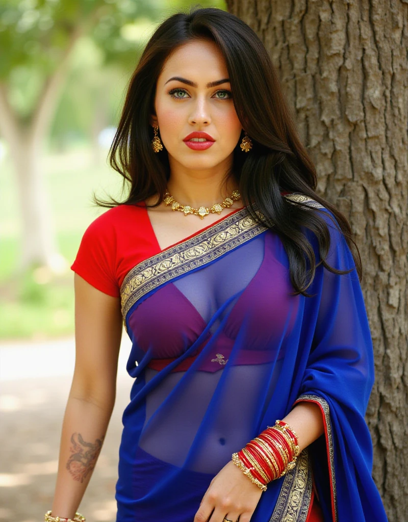 Hot and beautiful Indian women {{Megan Fox}} with red lips wearing a blue saare with golden border and red blouse and standing near a tree , shows her breasts and cleavage,with fair skin tone and long straight hair , wearing red bangles