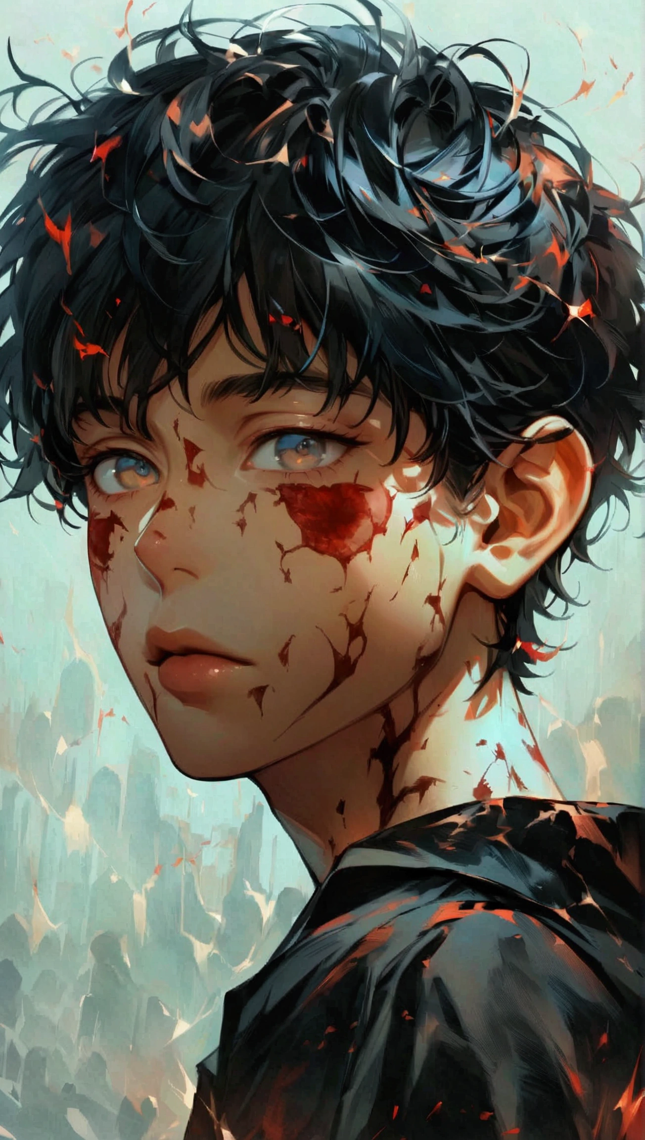 arafed man with blood on his face and a blood drip on his face, bladee from drain gang, declan mckenna, joel fletcher, tyler, logan cure, bleed, screenshot from a movie, his eyes are bleeding intense, hannibal, high quality film still, alex heywood, still from a music video, blood on his face, carson ellis
