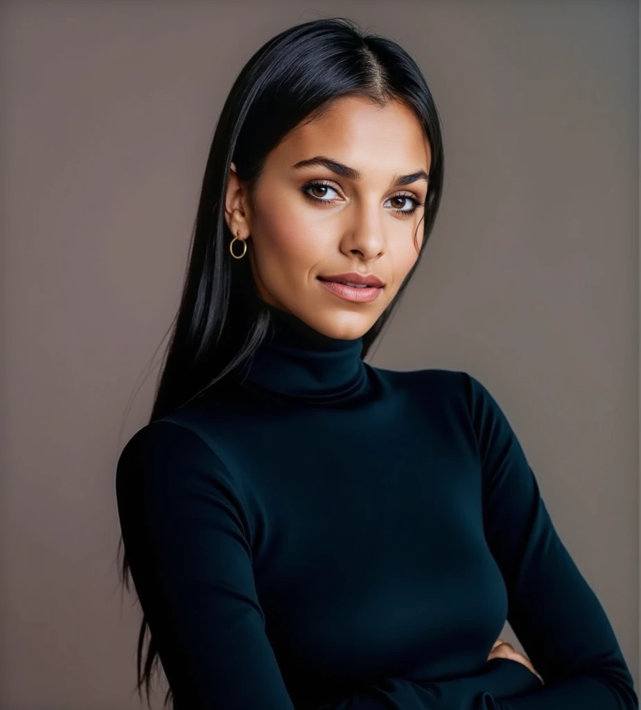 A captivating masterpiece of an woman, (((portrait))), (((dressed in a blue turtleneck leather dress))), makeup, The use of high-shine gloss adds a touch of glamor, studio lighting, background blurred, detailed, sharp focus, 8k, <lora:MS_Ciel_V2_32:0.8>