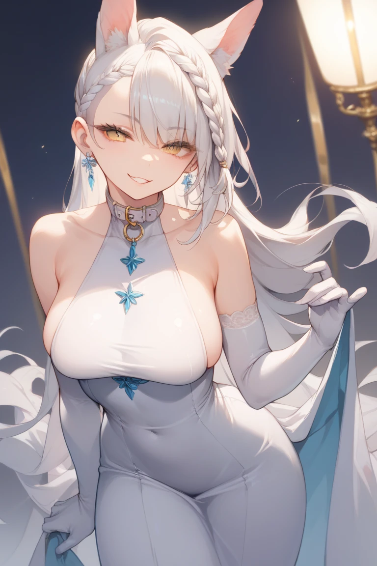  A girl, smug look, standing,  white hair , with a collar for slaves ,  undercut hairstyle with long bangs with a lower braid behind,   shining golden eyes, breasts, wearing a white and blue double slit bottom long dress,  with long tight gloves ,