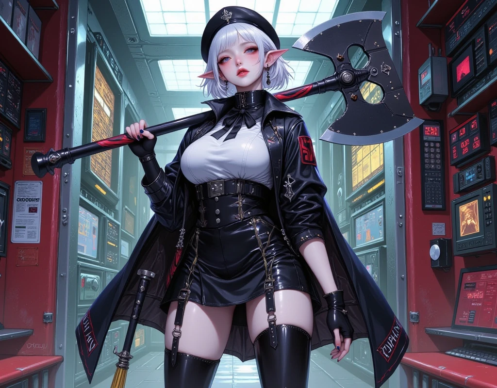 ((UHD, masterpiece, anatomically correct, textured skin, super detail, high details, best quality,  highres icon, Detailed and precise manual expression:1.3,  Incredibly Absurd )), 1woman\Beautiful white short hair\Ruby-red eyes, Voluptuous body line\Brack skin:1.3, shining in the light\, Elf long ears, Gloss Lip, Tight military uniform, mini skirt, Sabre on waist, Black long boots, Beret:1.3, Wields a huge double-edged axe\Long handle, Military operations room