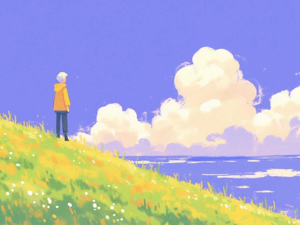 score_9, score_8_up, score_7_up, score_6_up,source_anime, BREAK, a crayon illustration, person standing on a hill, watching the clouds go by, a serene atmosphere, defined by beautiful color harmony of purples and blues accented by golden shades, a truly beautiful display in wide shot, inspired by traditional anime screencaps, taking artistic style of blocky shapes and defined shapes, back to viewer, wide shot