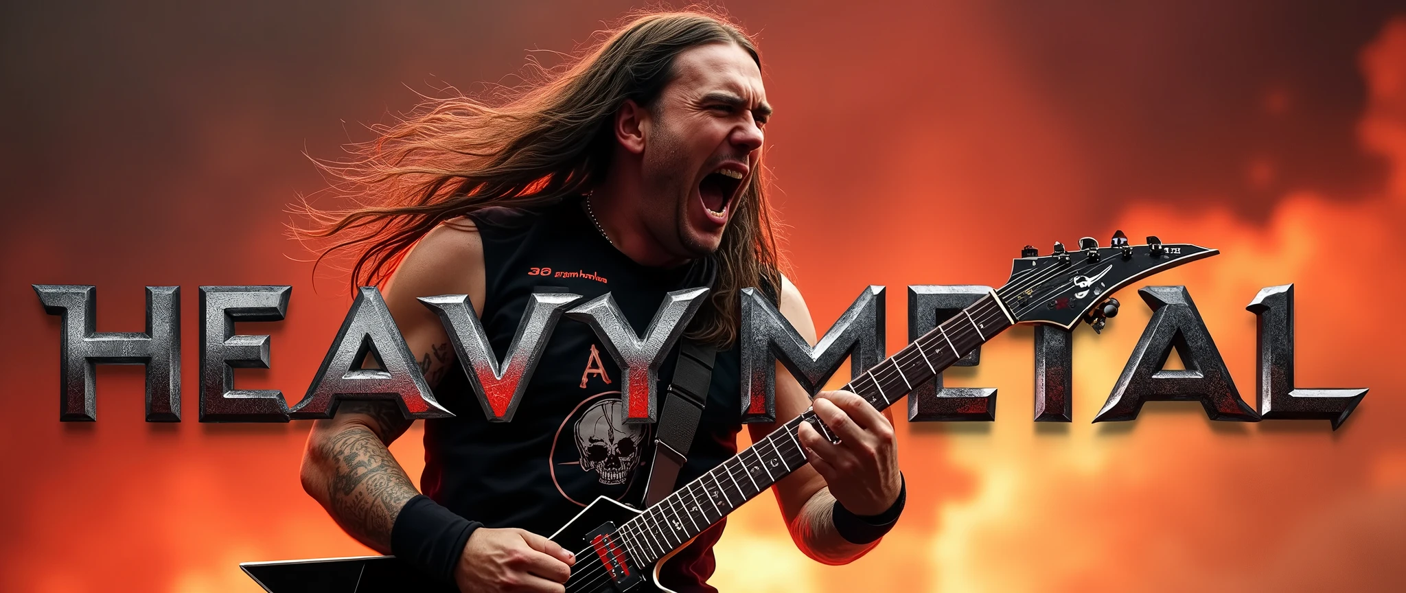 This image is a highly detailed, realistic digital painting depicting Ryan Searle, a heavy metal musician in a dynamic performance setting. The central figure is a man with long, black, flowing hair, wearing a black sleeveless shirt emblazoned with the band name "32 GRAMS" written in gothic style font, and a skull logo. He is mid-performance, screaming with his mouth wide open, showcasing intense emotion. His arms are flexed as he holds an electric guitar with a black body and red accents, playing with vigour.
The background features a dramatic, fiery sky with hues of red, orange, and yellow, creating a sense of energy and passion. The man's expression is fierce, adding to the overall intensity of the scene. The texture of the guitar and clothing is highly detailed, emphasizing the realism of the artwork. The overall style is photorealistic, capturing the essence of live heavy metal performance. Across the image the words " HEAVY METAL " are written in metallic gradient silver and red rock style font.