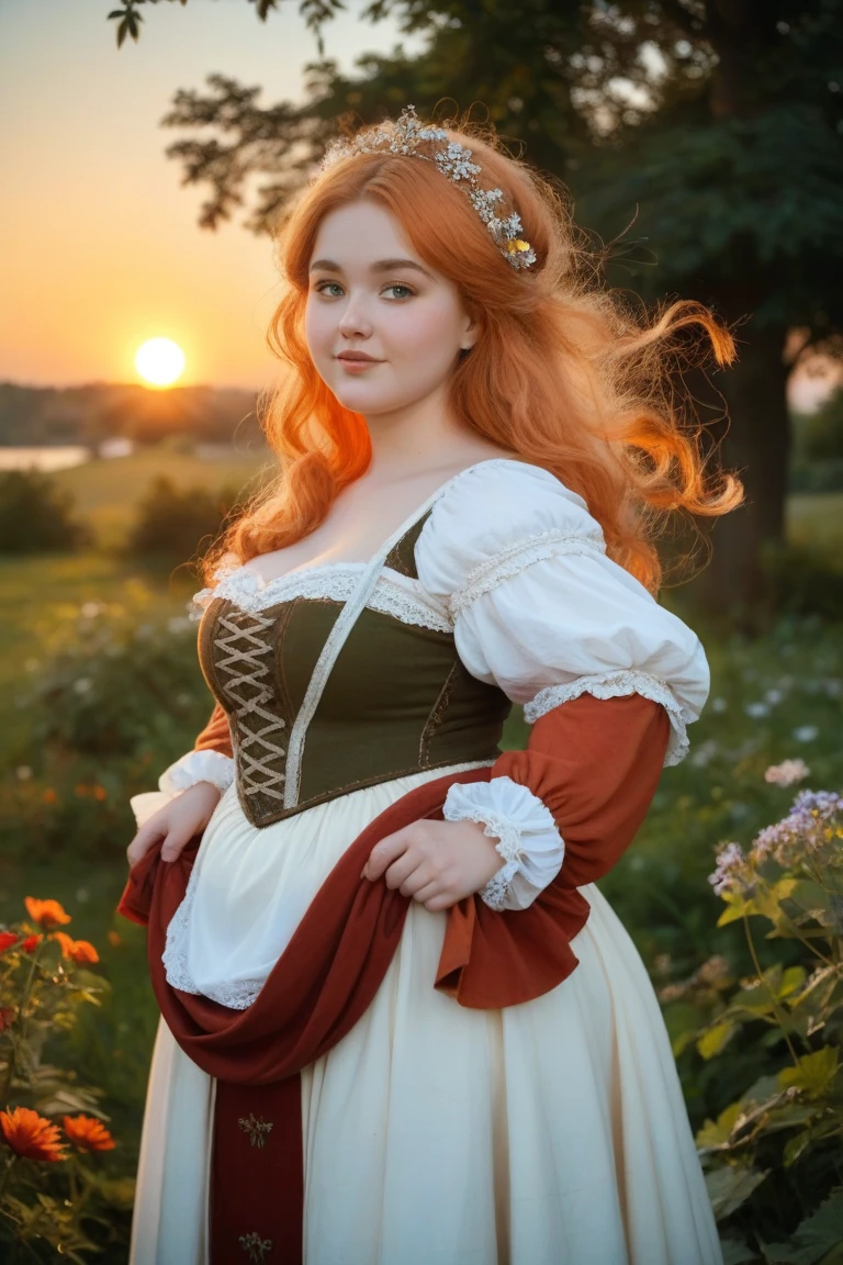 young woman, chubby, curvaceous, very bright, reddish-blonde hair, Brow fringes , medieval , simple clothing, Evening,  sunset , an einem medieval n Hafen