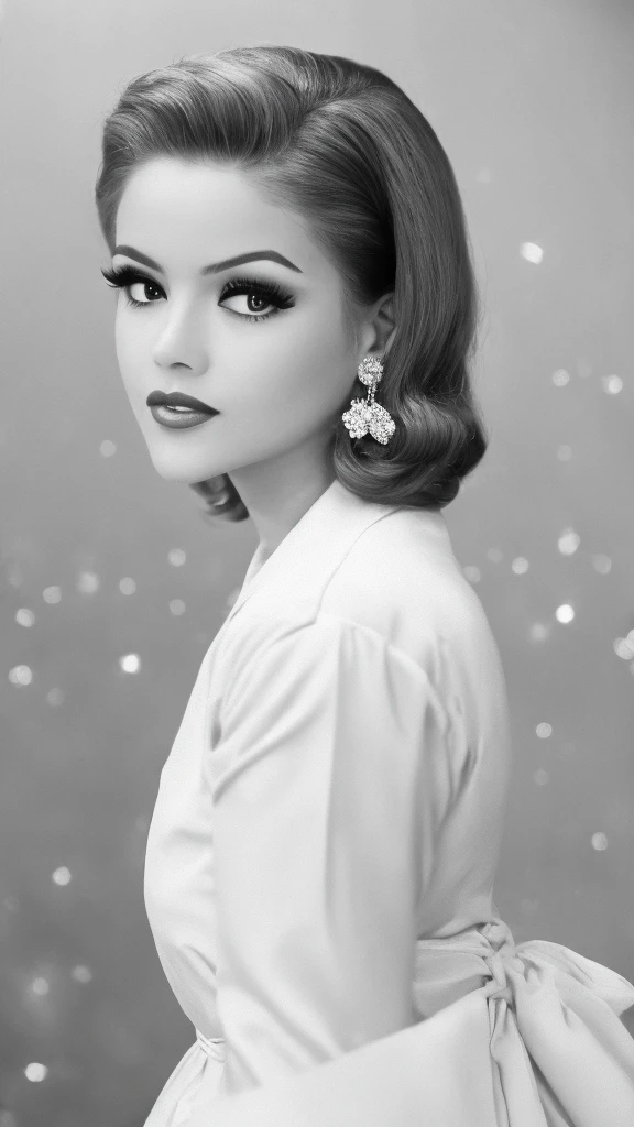 a-n-s , monochrome, portrait, 1950s hairstyle, 50s makeup, jewelry, formal hairstyle, glamour, headshot, (looking at viewer), parted lips, fujifilm, masterpiece, photograph, :0.7, (film grain):1.7, traditional media, (bokeh background:1.3),
