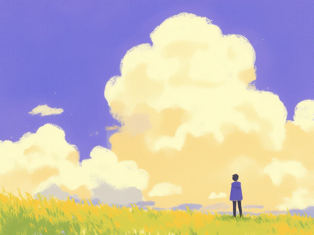 score_9, score_8_up, score_7_up, score_6_up,source_anime, BREAK, a crayon illustration, person standing on a hill, watching the clouds go by, a serene atmosphere, defined by beautiful color harmony of purples and blues accented by golden shades, a truly beautiful display in wide shot, inspired by traditional anime screencaps, taking artistic style of blocky shapes and defined shapes, back to viewer, wide shot