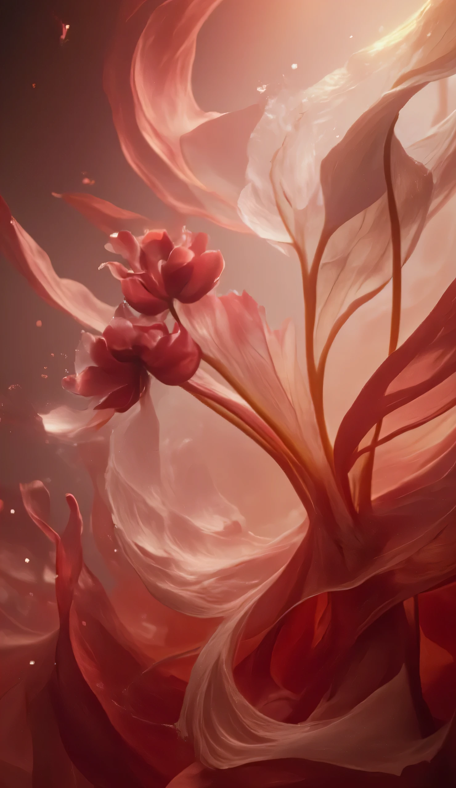 Create a phone wallpaper symbolizing sensuality, designed to unlock femininity and magnetism. The image should feature a soft and dreamy composition: warm, glowing hues of blush pink, deep crimson, and gold blending seamlessly. Include elements like delicate flower petals, flowing fabric, and shimmering light accents that evoke grace and allure. Focus on abstract shapes and gentle curves without showing any faces, emphasizing elegance and movement. The overall style should be artistic, modern, and enchanting, perfect for celebrating femininity and personal charm.