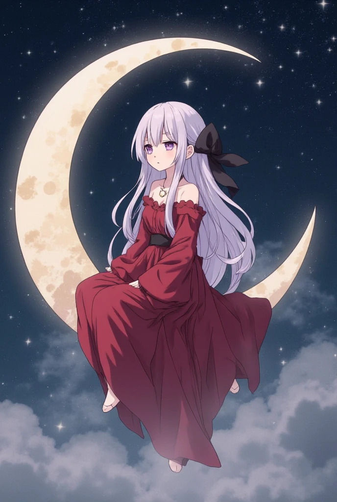 A girl with silver purplish hair, violet eyes, mole under lips, wearing moon necklace and red dress sitting on the crescent moon. 