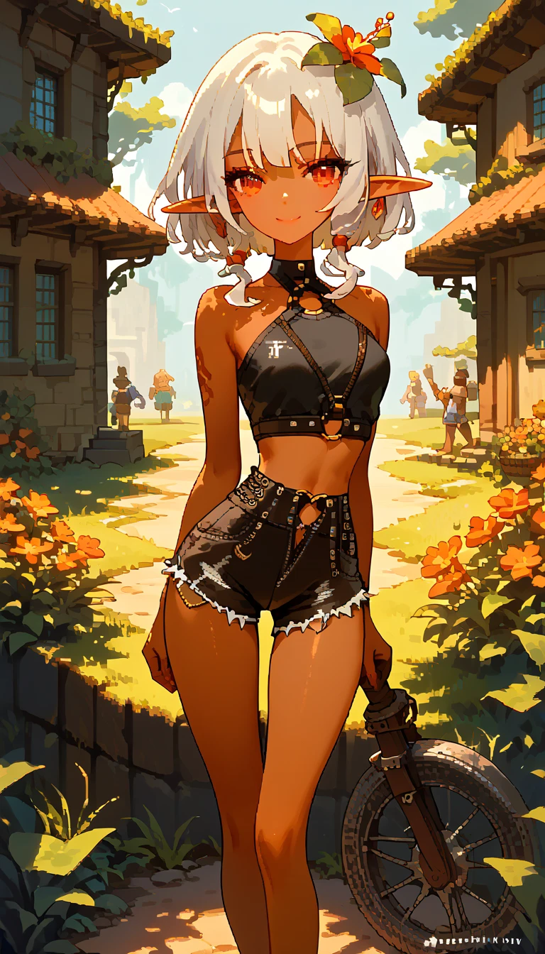  ,    dark skin  ,   smooth skin,  elf, smile,  standing device, girl-,   thin waist, , leather mini shorts, Pixel