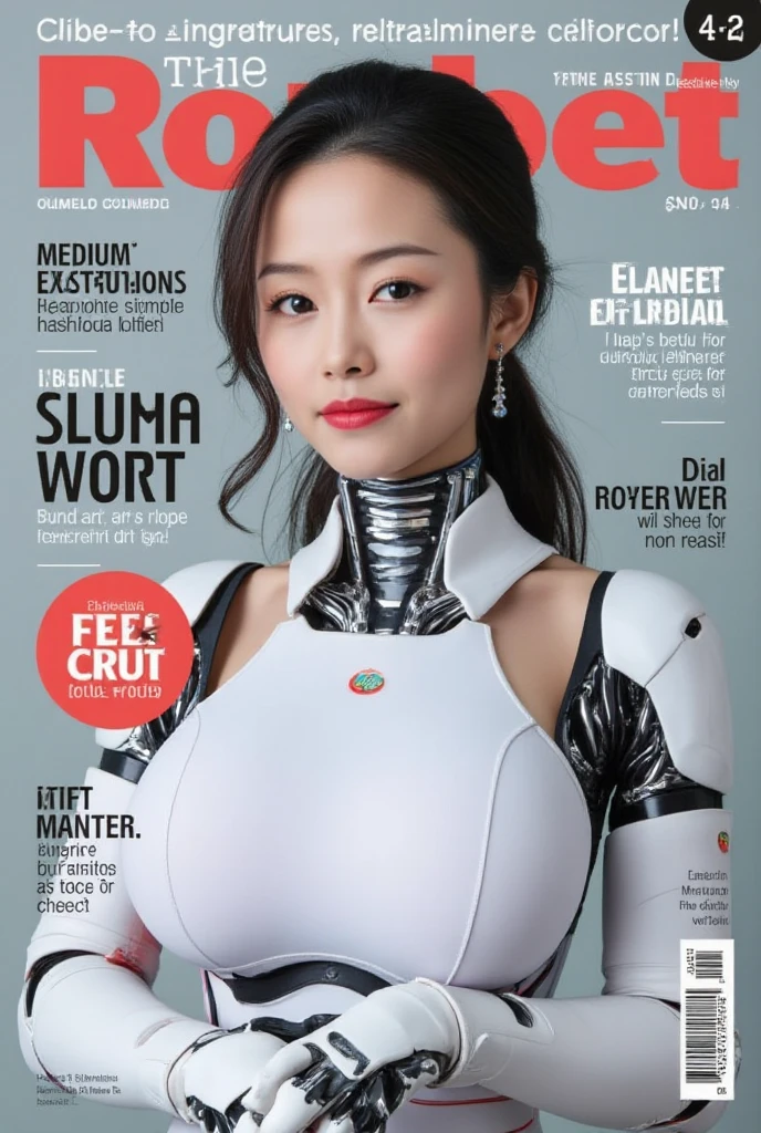 1girl, solo, breasts, blue eyes, medium breasts, cover, robot, science fiction, android, magazine cover, fake cover