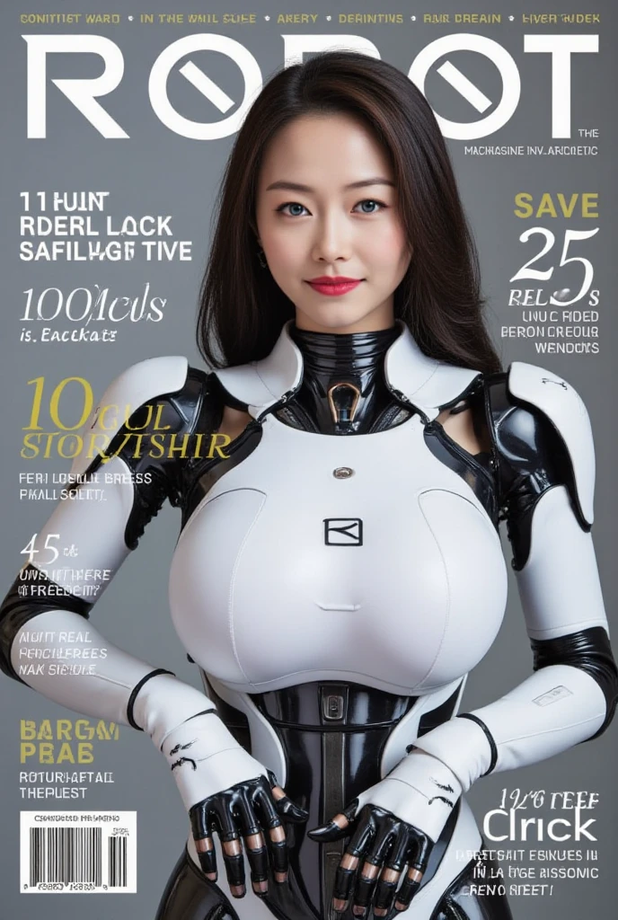 1girl, solo, breasts, blue eyes, medium breasts, cover, robot, science fiction, android, magazine cover, fake cover