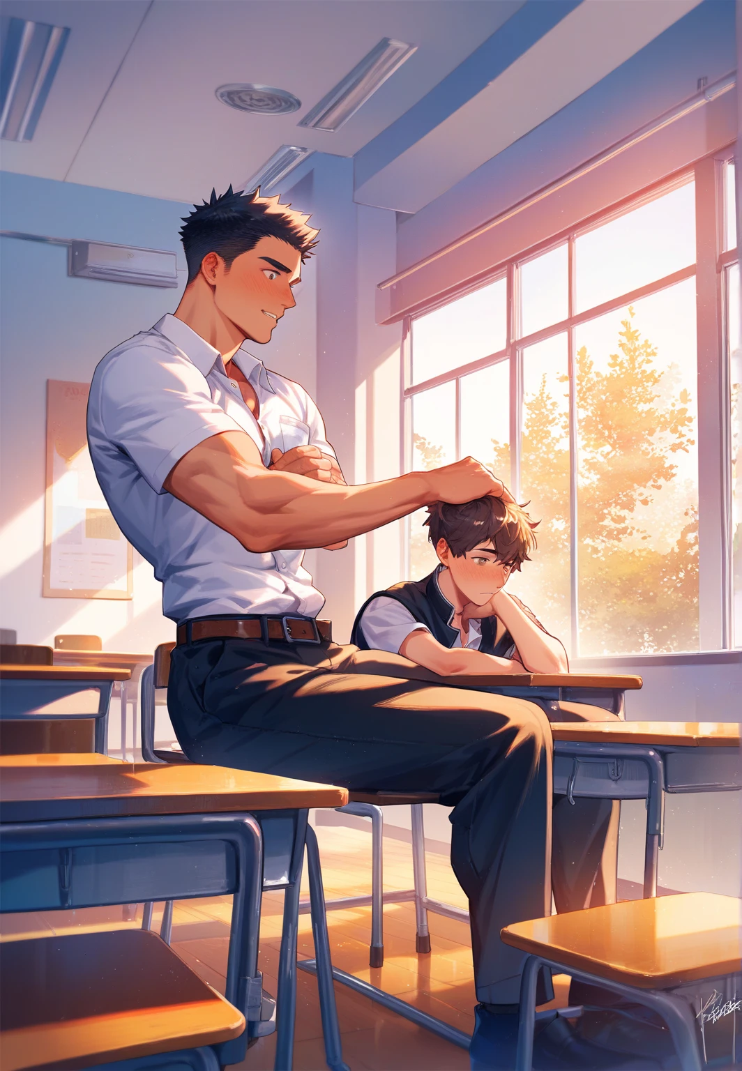 2children from 13 years old  , Parlero, dentro, (obra maestra, La mejor calidad, absurdos ), escuela,Classroom two shirtless kids are in school have sweatpants looking into each other's eyes sadly are in the sports room