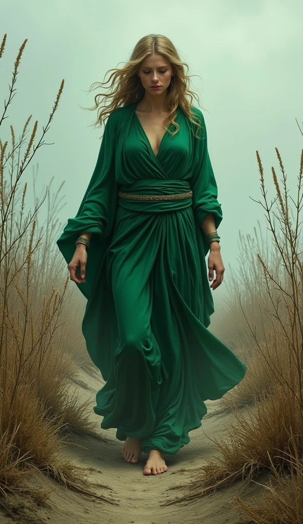 ultra realistic image of mother earth gaia dressed in green with gold threads and a crown looking at planet earth on fire in brazil opening her arms , transmit depth, in the background blue sky with abundant rain putting out the fire and on the ground green forests with fires