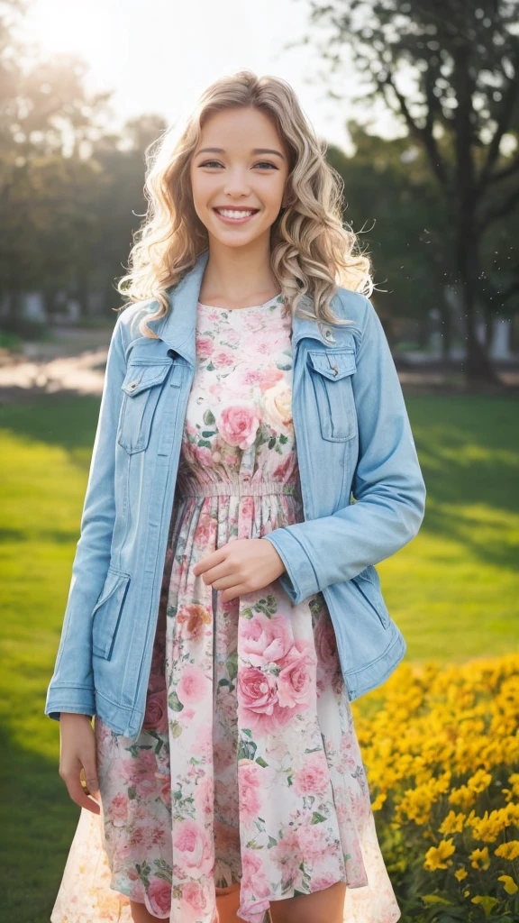 a-n-s realistic photograph, wavy hair, outdoors, haze, glare, sunlight, floral dress, bleached jacket, smile, looking at viewer, happy, masterpiece, 8k, ultra-Hd