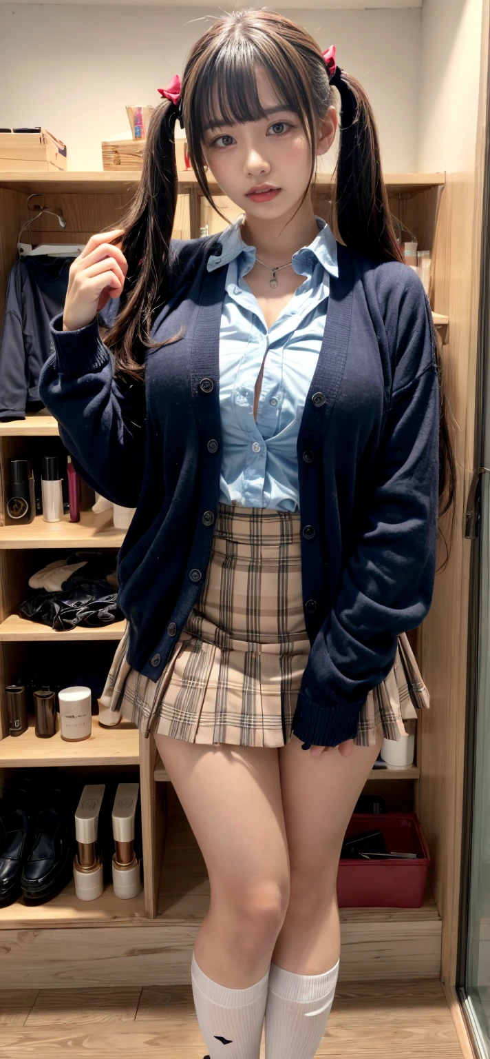 masterpiece,  top quality ,  illustrations,  super detailed ,  Details,  high res, 8k,wallpaper,  perfect dynamic configuration,(Detailed and high quality,  realistic depiction of eyes kissed in the changing room:1.3),  standing, High School Classroom、High school girl uniform、Cardigan、Super Short Check Uniform Skirt、Navy blue high socks、garterbelts、Colossal tits、Disturbed uniform, twin tails,   in the background,  deep in the field,  small Breasts ,  black hair,  big natural color lips,  plump lips, lipstick, (cosmetics), Completate, Crying a little、 Harajuku style、 20 year old girl 、 cutest type on women、 beautiful legs,  gravure idol