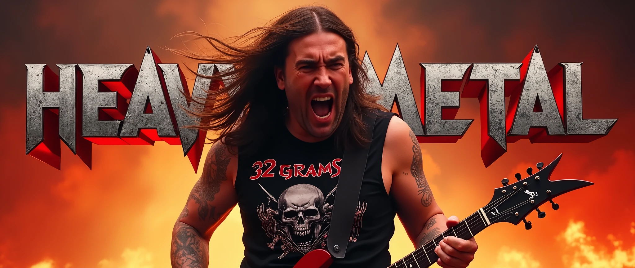 This image is a highly detailed, realistic digital painting depicting Ryan Searle, a heavy metal musician in a dynamic performance setting. The central figure is a man with long, black, flowing hair, wearing a black sleeveless shirt emblazoned with the band name "32 GRAMS" written in gothic style font, and a skull logo. He is mid-performance, screaming with his mouth wide open, showcasing intense emotion. His arms are flexed as he holds an electric guitar with a black body and red accents, playing with vigour.
The background features a dramatic, fiery sky with hues of red, orange, and yellow, creating a sense of energy and passion. The man's expression is fierce, adding to the overall intensity of the scene. The texture of the guitar and clothing is highly detailed, emphasizing the realism of the artwork. The overall style is photorealistic, capturing the essence of live heavy metal performance. Across the image the words " HEAVY METAL " are written in metallic gradient silver and red rock style font.