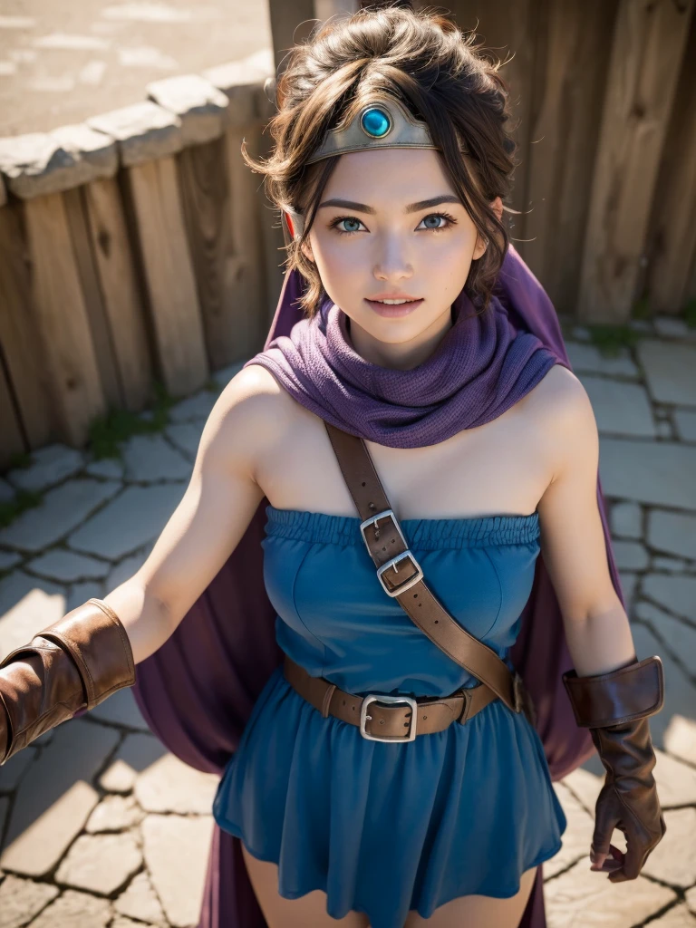 lapis fe, 1 girl, Alone, looking at the viewer, blush, hits, gloves, Upper part of the body, braid, hair band, outdoor, Chapped lips, sky, day, hand up, pink eyes, armor, tree, Covered navel, blurred background, hand on one&#39;s own chest, shoulder armor, side braid, breastplate, red armor