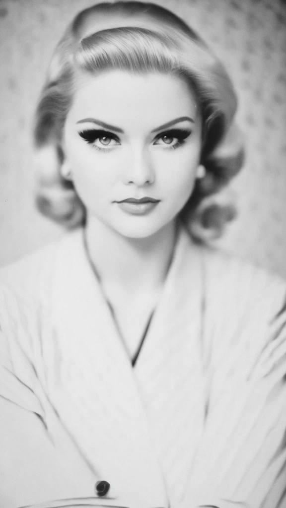 a-n-s , monochrome, portrait, 1950s hairstyle, 50s makeup, jewelry, formal hairstyle, glamour, headshot, (looking at viewer), parted lips, fujifilm, masterpiece, photograph, :0.7, (film grain):1.7, traditional media, (bokeh background:1.3),
