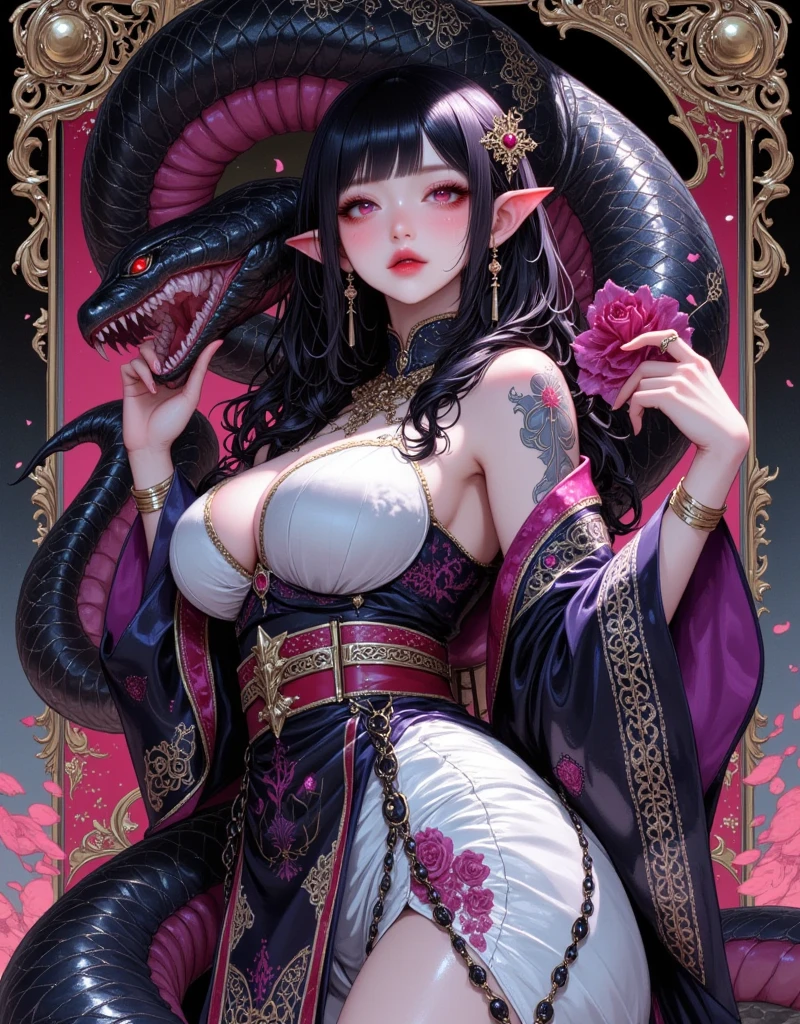 ((UHD, masterpiece, anatomically correct, textured skin, super detail, high details, best quality,  highres icon, Detailed and precise manual expression:1.3,  Incredibly Absurd )), 1woman\Beautiful black hair\Ruby-red eyes, Voluptuous body line\A woman in a kimono with a giant snake wrapped around her body\, Elf long ears, Gloss Lip, Her chest is exposed