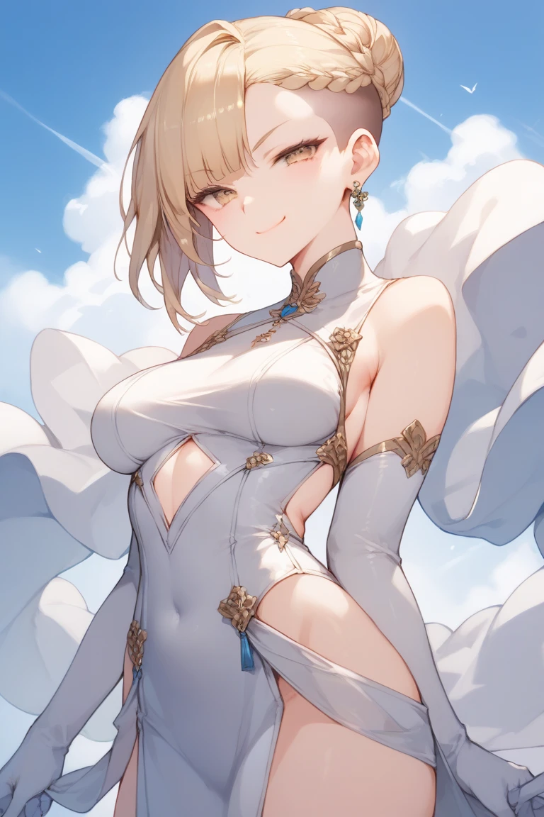  A girl, smug look, standing,  blond hair ,  undercut hairstyle with long bangs with a lower braid behind,   shining golden eyes, breasts, wearing a long white double opening dress with blue ,  with long tight gloves ,