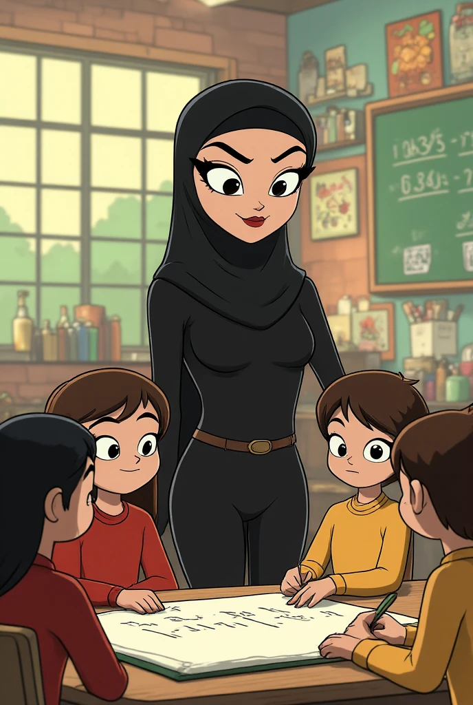 2d flat cartoon style: cute lady in hijab, wearing black bikini, teaching ********************* math