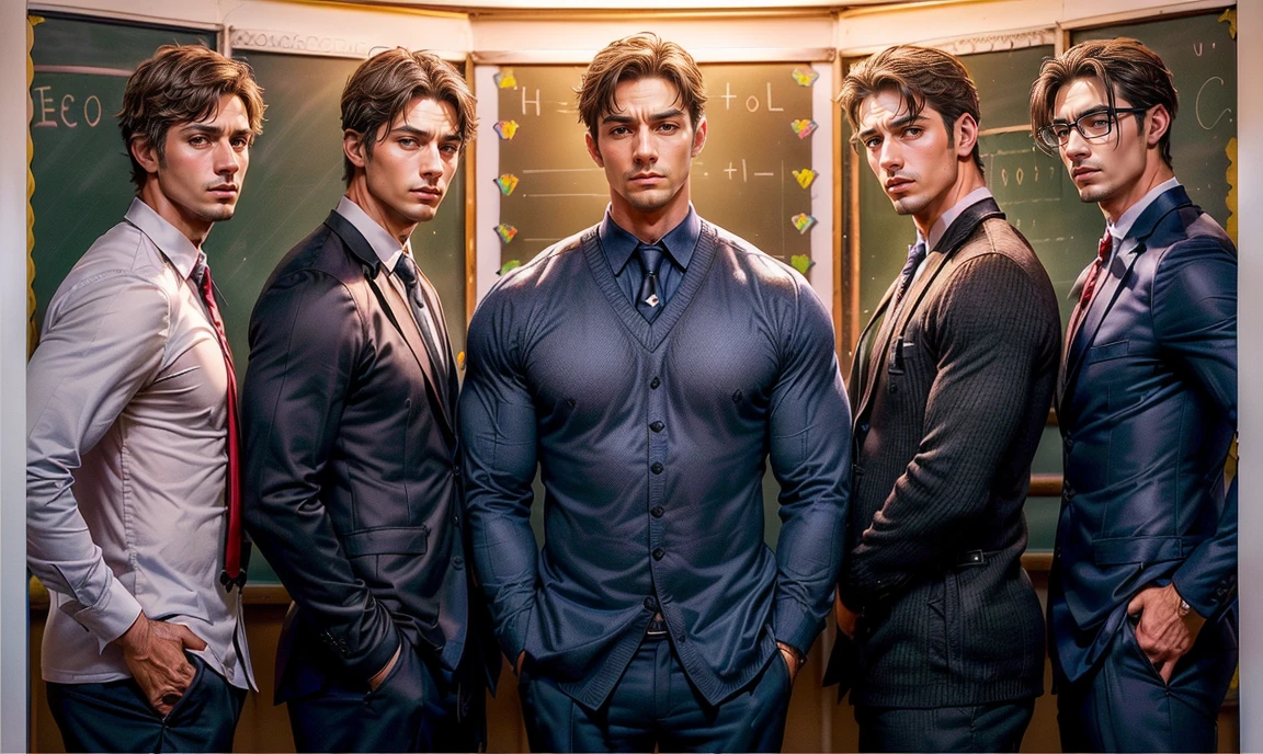 realistic, three men orientated in the very middle of the picture. (((three gorgeous adult male school-teachers standing close clustered together who have very different faces & appearances:1.5))). Math teacher, English teacher, Sports teacher. standing close together at school.