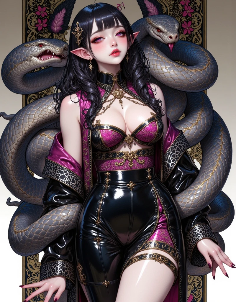 ((UHD, masterpiece, anatomically correct, textured skin, super detail, high details, best quality,  highres icon, Detailed and precise manual expression:1.3,  Incredibly Absurd )), 1woman\Beautiful black hair\Ruby-red eyes, Voluptuous body line\A woman in a kimono with a giant snake wrapped around her body\Beautifully embroidered continental costume, Elf long ears, Gloss Lip, Her chest is exposed, Beautiful hairpin