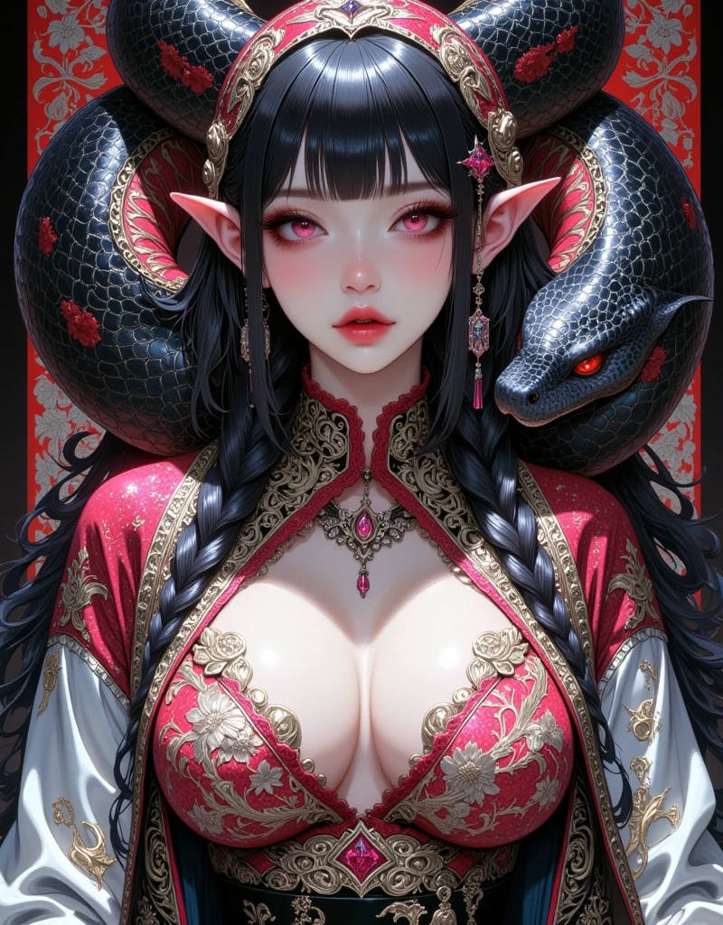 ((UHD, masterpiece, anatomically correct, textured skin, super detail, high details, best quality,  highres icon, Detailed and precise manual expression:1.3,  Incredibly Absurd )), 1woman\Beautiful black hair\Ruby-red eyes, Voluptuous body line\A woman in a kimono with a giant snake wrapped around her body\Beautifully embroidered continental costume, Elf long ears, Gloss Lip, Her chest is exposed, Beautiful hairpin